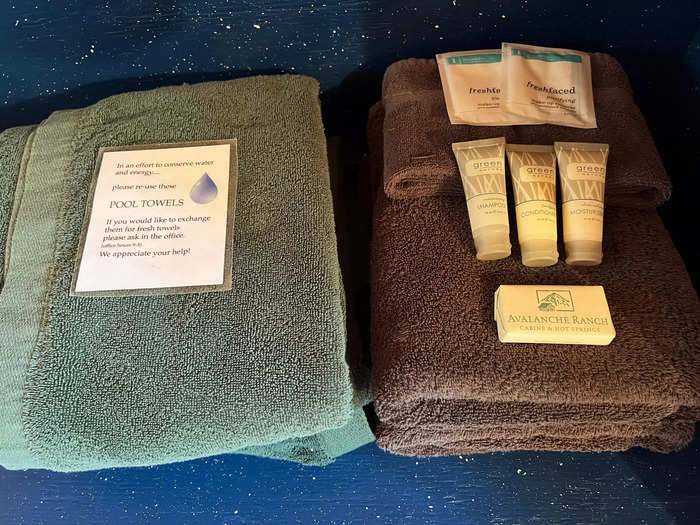 The ranch provides pool towels for use at the on-site hot springs pools, as well as bath towels and toiletries for use in the shared shower areas in the hot springs