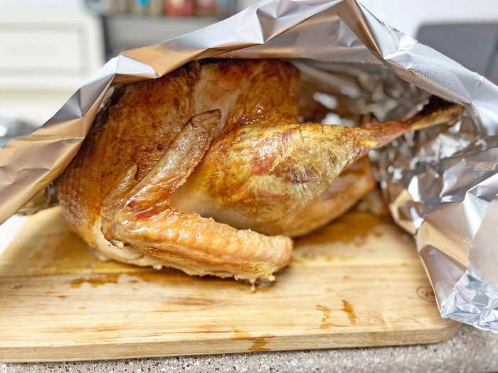 Step 1: Take the turkey out of the oven and let it rest