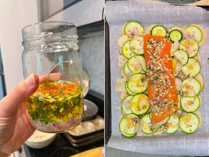 I followed the instructions to a T, which meant starting off with getting the salmon and veggies into the oven.