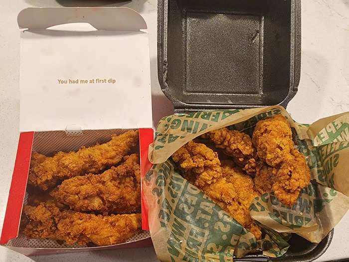 The chicken tenders from both chains looked crispy.