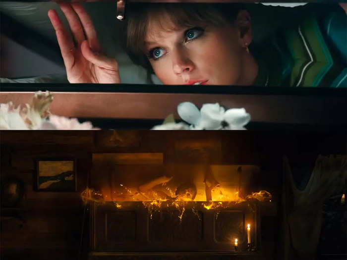 Swift watches the scene from her own coffin, recalling a similar visual from the "Cardigan" music video.