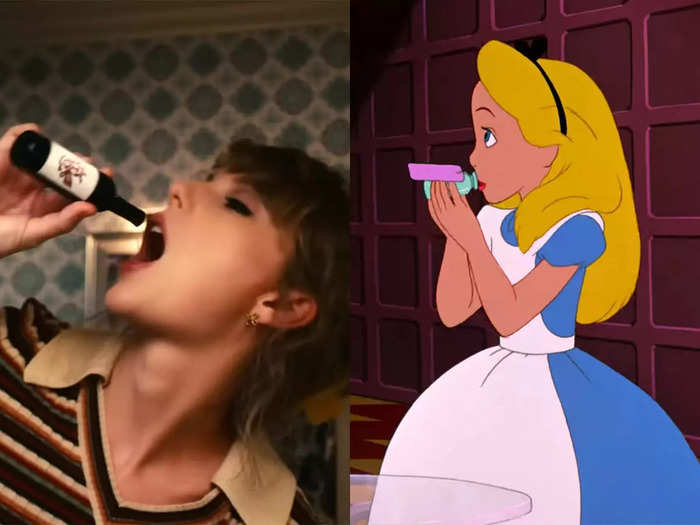 The dining room scene also contains a parallel to "Alice In Wonderland."