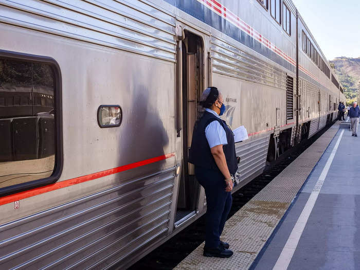 The train had Superliner rail cars with upper and lower levels.