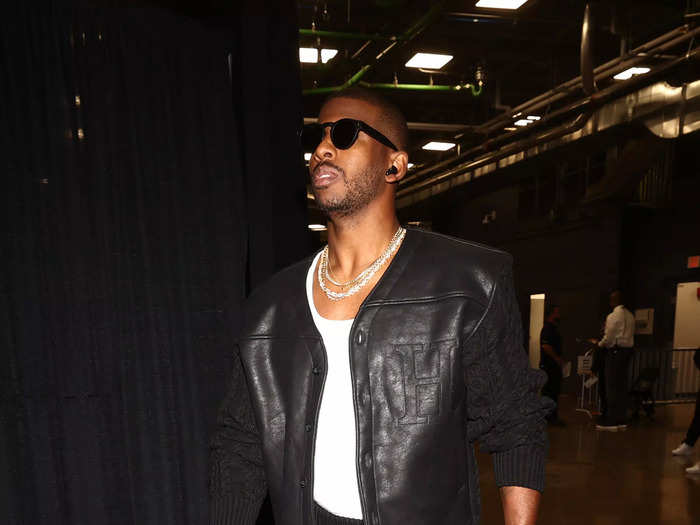 Chris Paul sports black Honor The Gift cableknit pants.