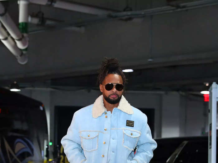 Nets guard Patty Mills rocks a shearling collar jean jacket.