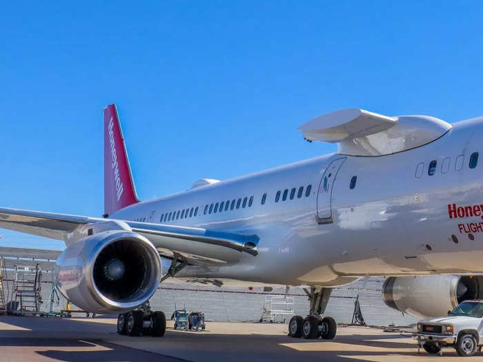 To get a concept to market, Honeywell added a pylon to the 757 — built to withstand 16,500 pounds of thrust — that sticks out from the right side of the plane where an engine can be attached and tested.