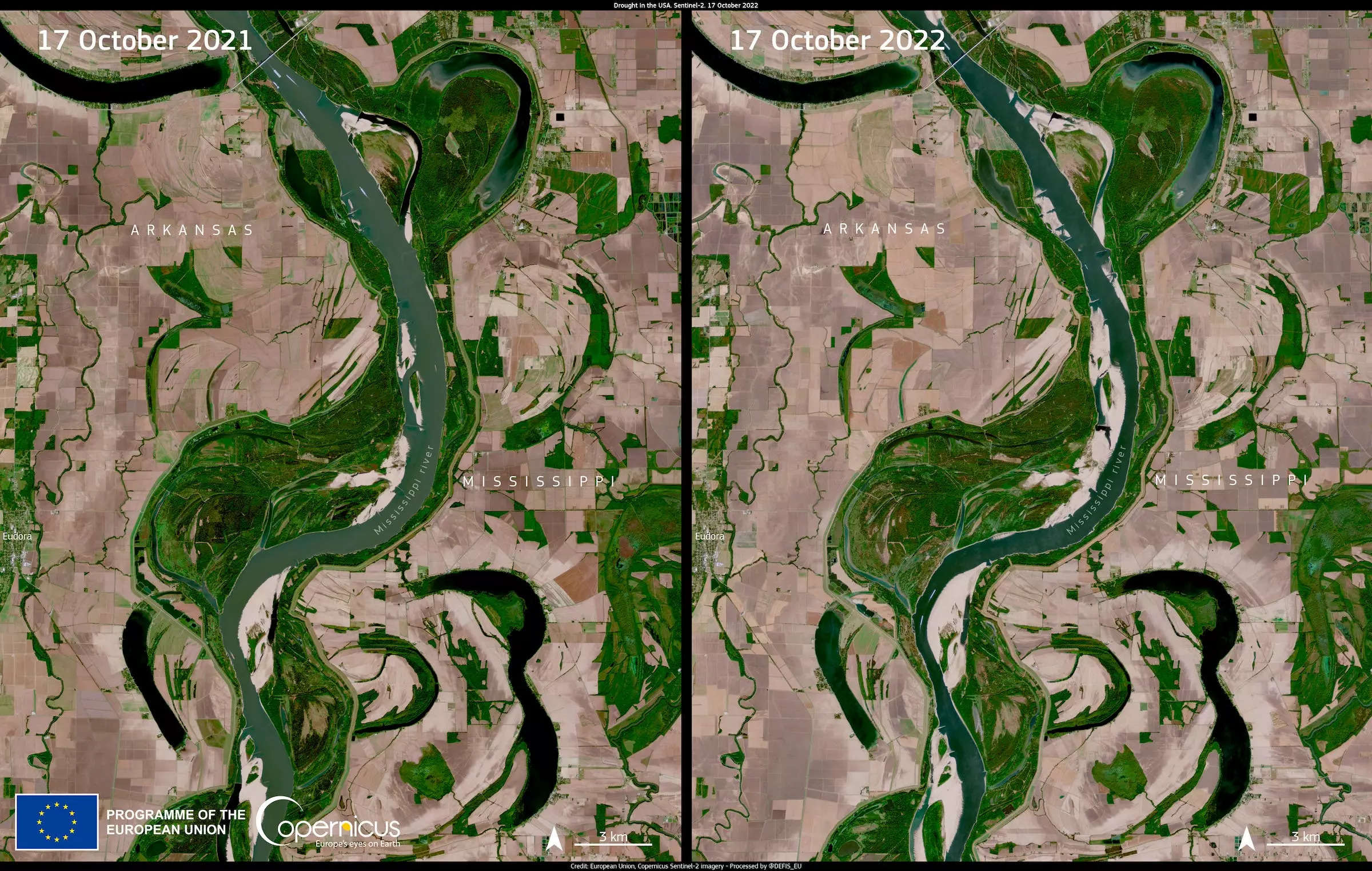 side by side satellite images show mississippi river in october 2021 and october 2022 with much more dry earth