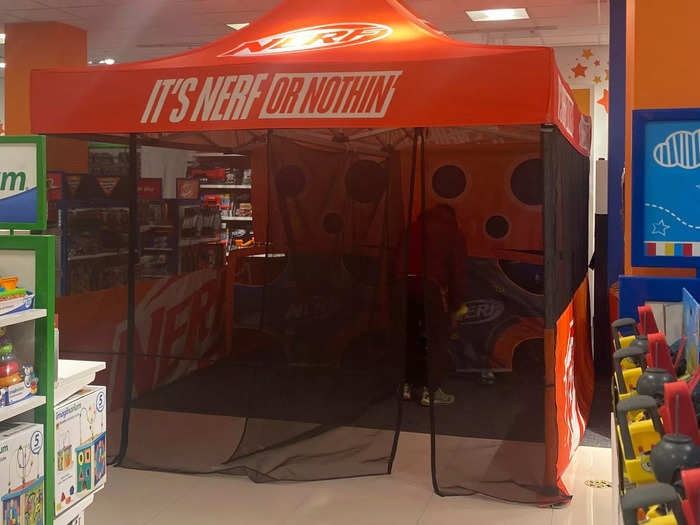 Older children can stop by the Nerf tent and participate in an aiming game.