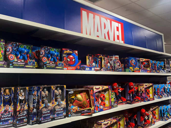 There were shelves stacked high with Spiderman and Thor figurines from the Marvel franchise.