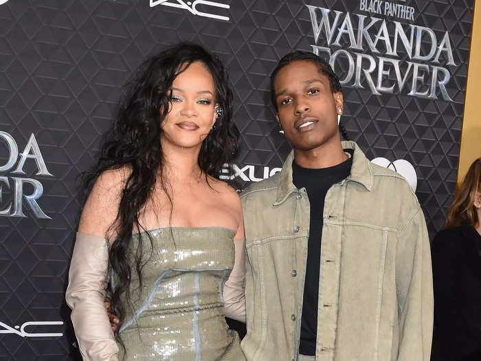Rihanna posed with her boyfriend A$AP Rocky on the red carpet.
