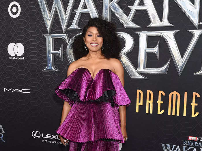 Angela Bassett, who plays Queen Ramonda, also dressed in purple for the event.
