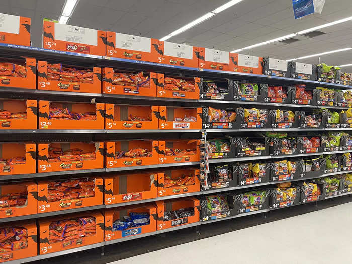 In the back of Walmart near the regular candy section, there was also an entire wall dedicated to Halloween candy, as well as pop-up stalls in the middle of the aisle.