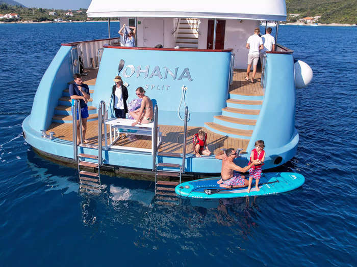 The yacht anchored in the Adriatic sea near Omiš, south of Split. Guests are able to enjoy some water activities – or simply swim.