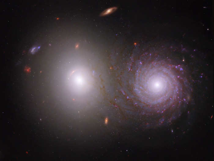 Near-infrared light from Webb, and ultraviolet and visible light from Hubble, show "interacting" galaxies that are actually very far apart.