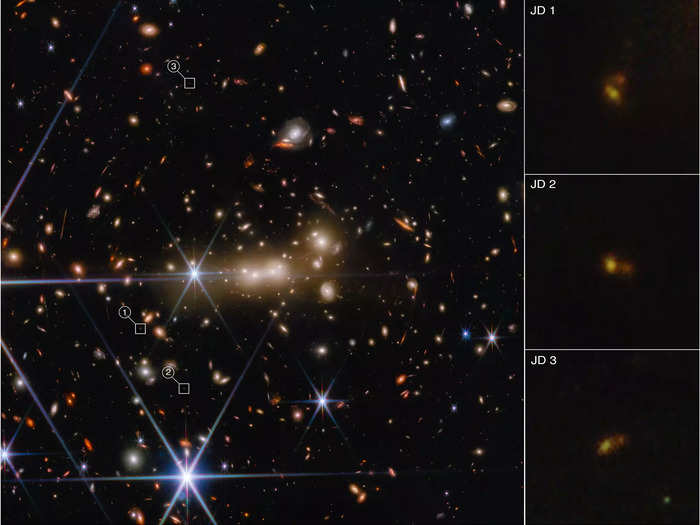 The new photos included a cluster of stars from 5.6 billion light-years away. The light from the MACS0647-JD system is bent and magnified by the massive gravity of galaxy cluster MACS0647.