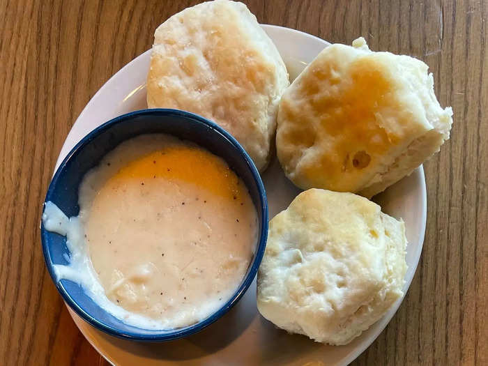 The biscuits and gravy packed a peppery punch.