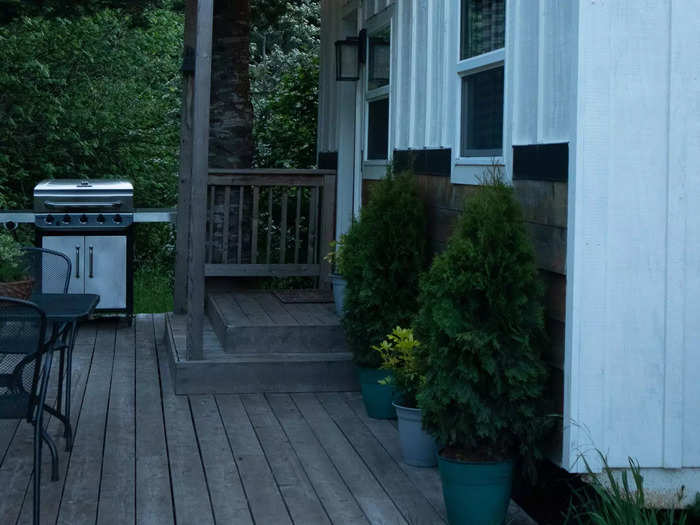 We returned to the tiny house that evening, and it was once again all lit up with twinkling lights. After taking our outdoor showers and having hot cups of tea, we got into our queen bed.