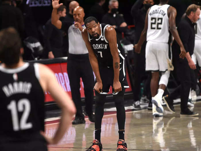 June 19, 2021: Without Irving and with Harden hobbled, the Nets lose to the Bucks in Game 7. Kevin Durant