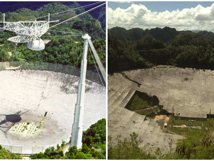 Side-by-side images of the Arecibo Observatory, before and after its collapse, show dramatic damage that ended an era in space research.