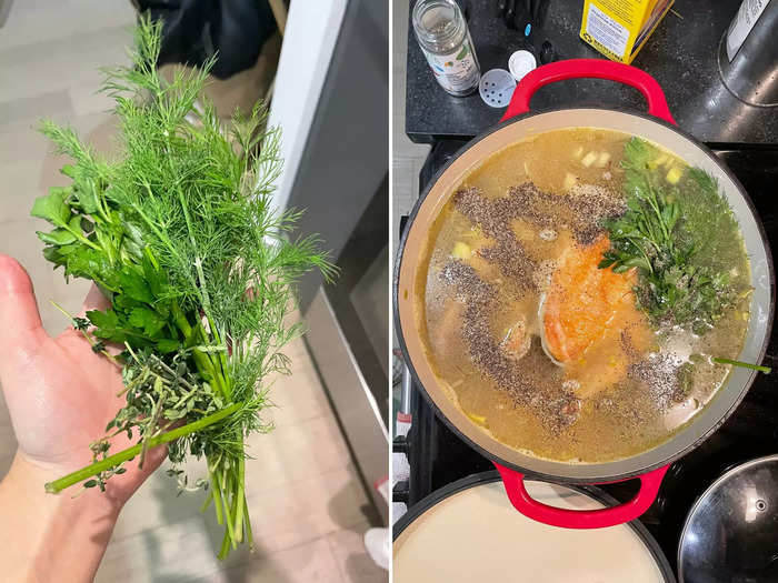 I added my improvised herb bundle, seasoned with salt and pepper, and brought the mixture up to a boil.