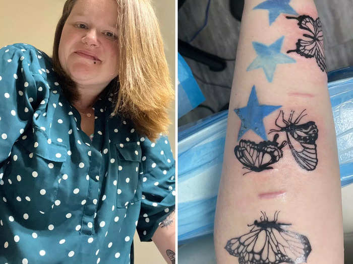 Samatha Warmbrodt, 34, got medical tattoos to cover scars on her arm caused by self-harm.