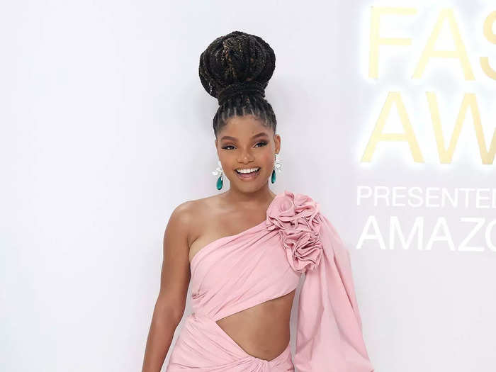 Halle Bailey was also there in a pink wrap dress with a bold cutout.