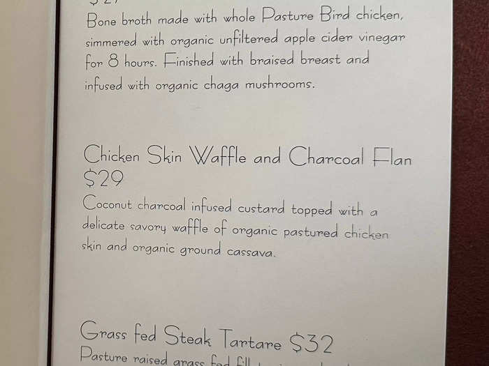 The second course arrived shortly after the pumpkin: Chicken Skin Waffle and Charcoal Flan. If purchased alone, it costs $29.