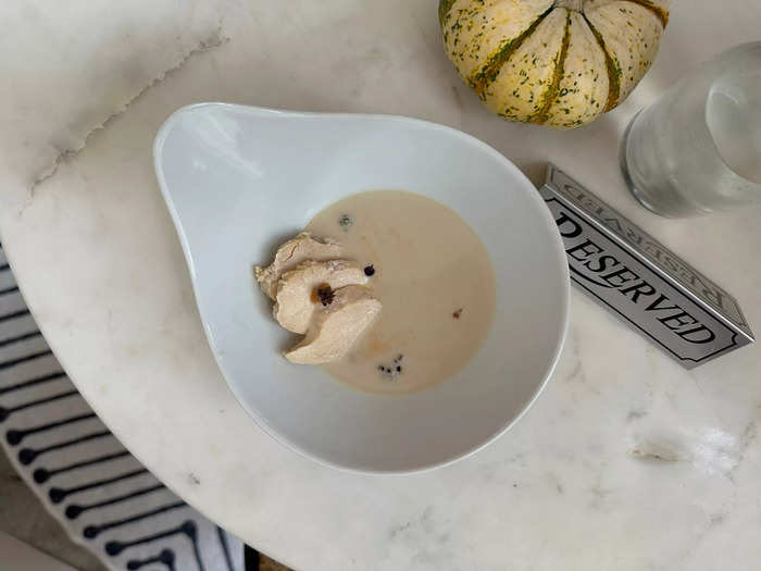 The first course arrived quickly: Chicken and Chaga Mushroom Soup made with whole pasture-bird chicken and simmered with apple-cider vinegar for eight hours. This dish is individually priced at $27.