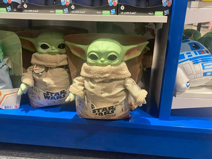 Bright green Baby Yoda plushies that are $37.99 a pop looked particularly cute stacked next to each other on a shelf.