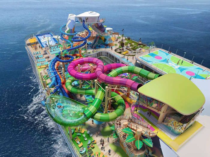 … a water park with six water slides, including the tallest one at sea and one with a family raft.