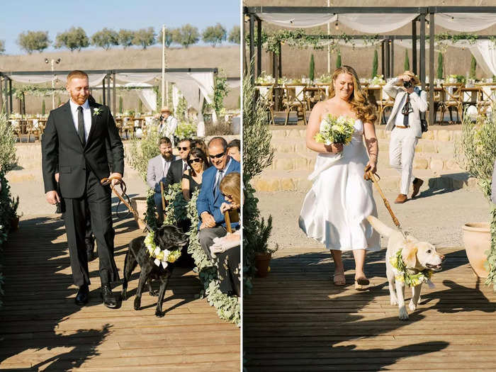 Both dogs walked down the aisle during the wedding wearing floral garlands.