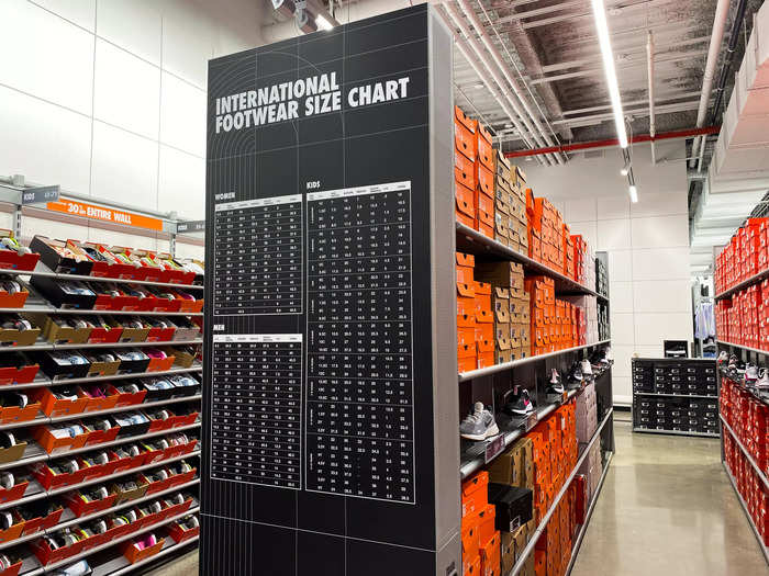 A footwear size chart was hanging on the wall to help customers figure out their shoe dimensions.