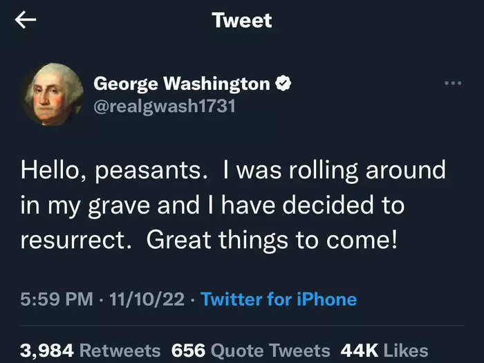 Tweet from former US President George Washington impersonator.