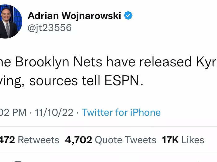 Tweet from sports columnist Adrian Wojnarowski impersonator.