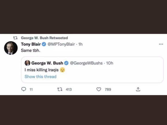 Tweets from former UK prime minister Tony Blair and former US president George W. Bush impersonators.