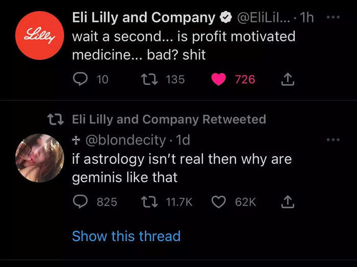Tweet from pharmaceutical company Eli Lilly impersonator.