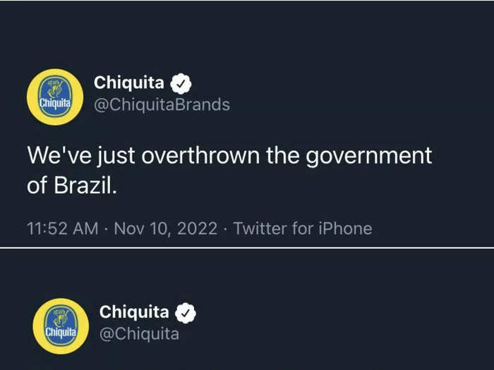 Tweet from Chiquita impersonator followed by an apology from the real Chiquita account.