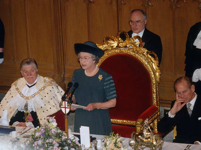 On November 24, 1992, Queen Elizabeth II gave a speech at Guildhall in London, England, celebrating her 40th year on the throne.