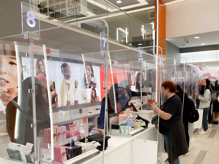 The registers at Ulta were sectioned off with protective plexiglass dividers. There was a smaller line of customers waiting to get check-out compared to the hectic line at Sephora.