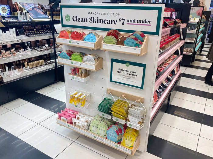 The clean skincare display with Sephora-branded face masks and makeup wipes also offered cheaper prices compared to most of the other brands.