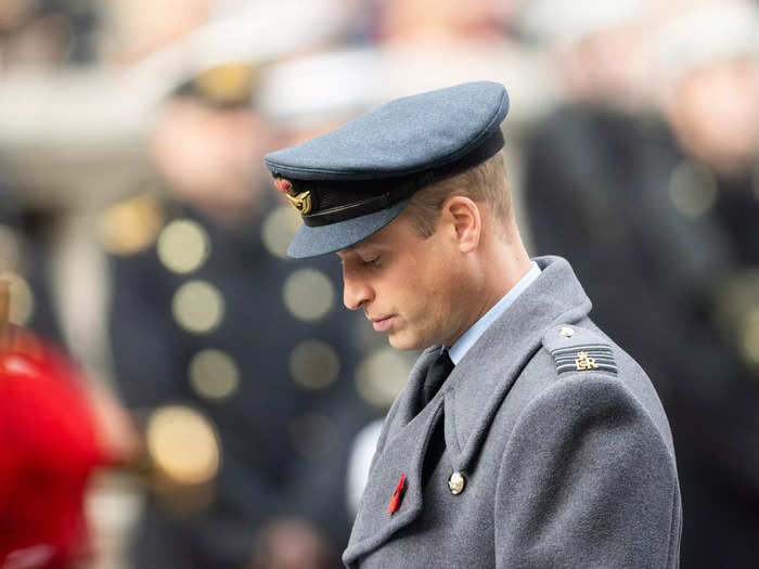 William, who will one day be the next monarch to lay a wreath at the Cenotaph, looked somber as he paid tribute to those who provided the UK and the commonwealth military service.