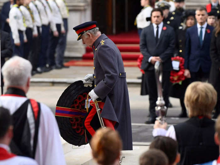 The solemn ceremony, which pays tribute to people killed in conflict, marked the first time Charles has laid a wreath in a tradition followed by monarchs since King George V in 1920.