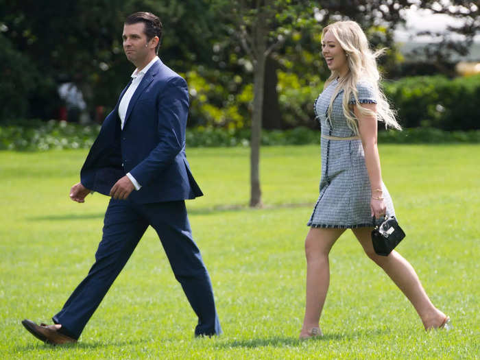 Tiffany and Don Jr. walked towards Marine One in June 2018 as they prepared to depart from the White House South Lawn.