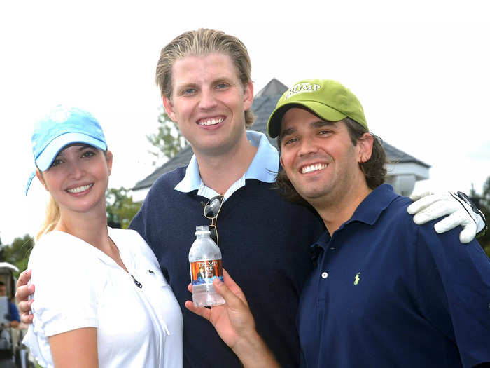 Ivanka and Don Jr. supported Eric in September 2008 during the Eric Trump Foundation Golf Outing at the Trump National Golf Club. Don Jr. held a bottle of Trump Ice Natural Spring Water in the photo.