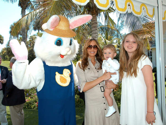 In April 2007, Melania held a one-year-old Barron and stood beside Tiffany during an Easter Sunday event at the Mar-a-Lago Club.