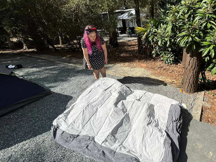 When it came time to blow up the air mattress, we realized that we pitched the tent too far away from the electrical outlets.