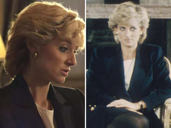 Debicki wore an oversized blazer and white shirt for a recreation of Princess Diana