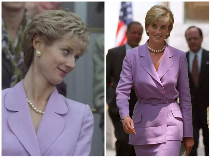 In episode three, Debicki wears a lilac two-piece suit that resembles one Diana wore during a visit to Washington, DC, in 1997.