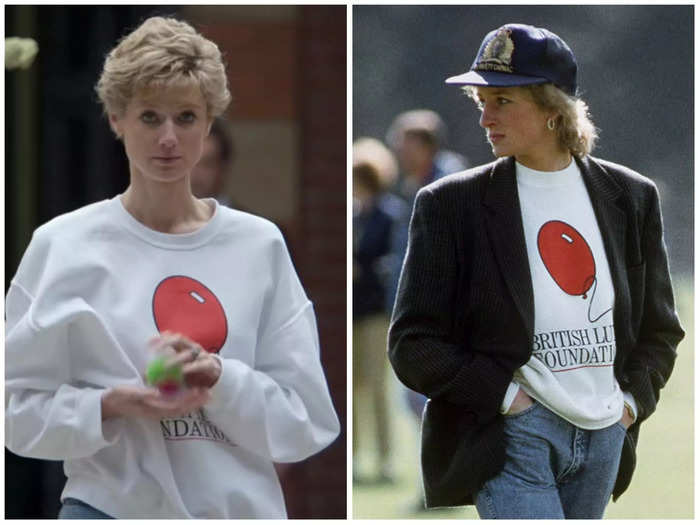 Also in the second episode, Debicki wears a red balloon sweater that Princess Diana wore to a polo match in 1988.