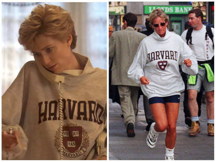 Debicki wears a Harvard sweatshirt in episode two, which is similar to one the princess famously wore leaving the gym in 1997.